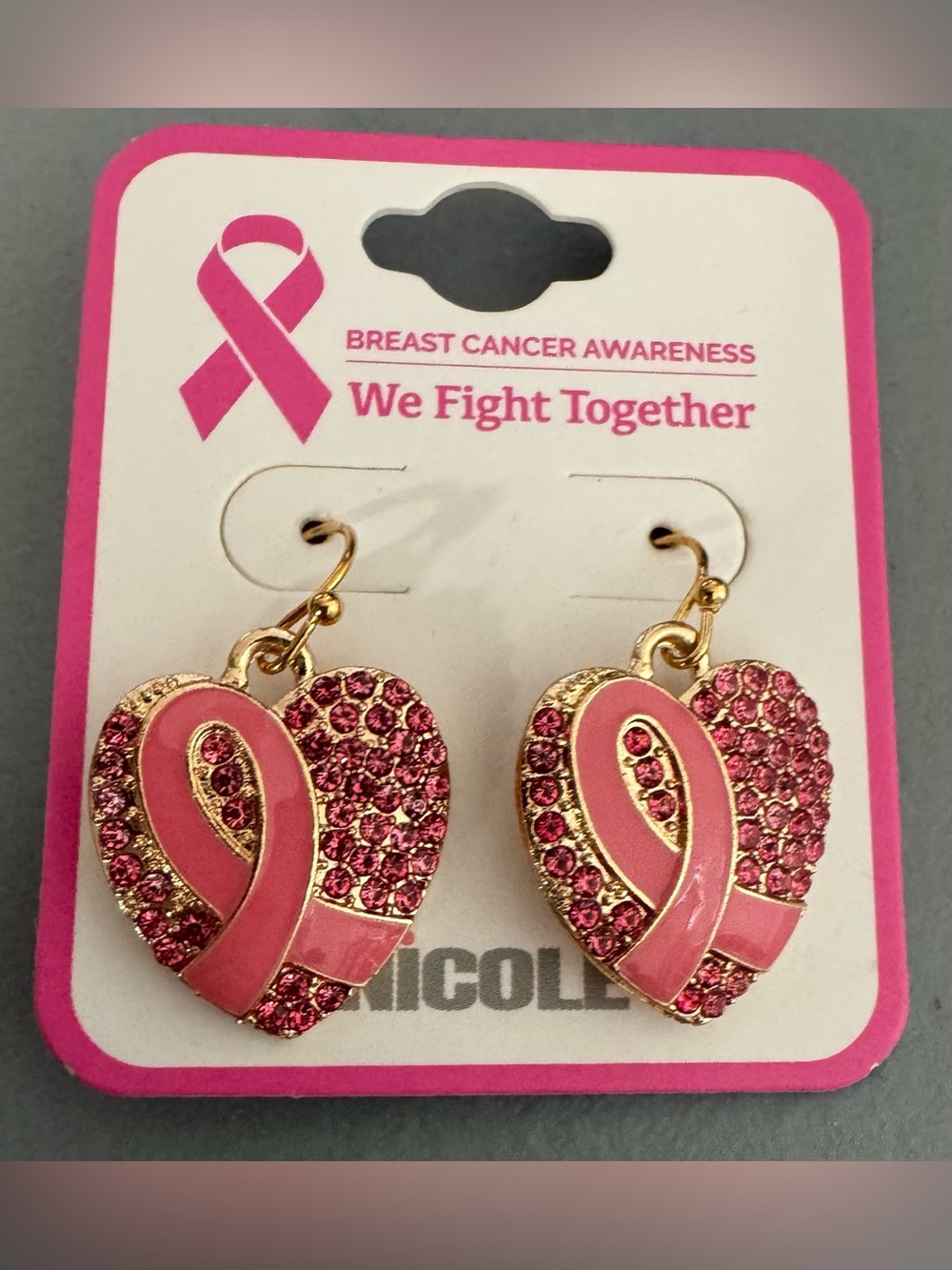 Breast Cancer Awareness Pink Ribbon Heart Drop Earrings - Gold Tone